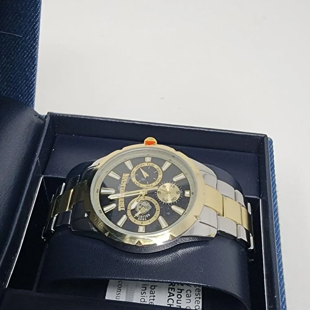 True Religion Watch Two Tone Stainless Black Dial Mens Analog Multi Dial Boxed